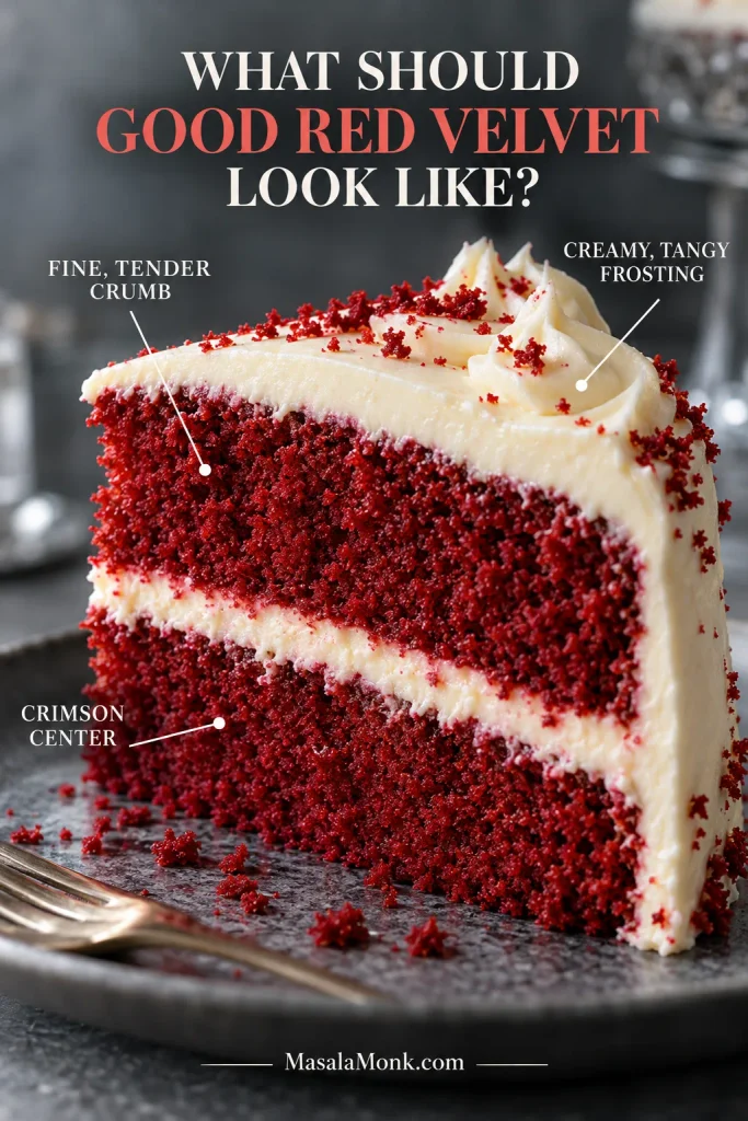 Annotated red velvet cake slice showing fine crimson crumb, cream cheese filling and white outer frosting.