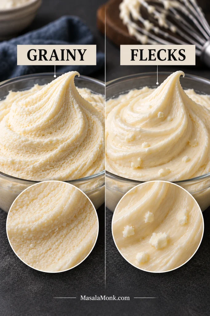 Close comparison of uniformly grainy whipped cream cheese frosting and smooth frosting containing a few isolated cream cheese flecks.