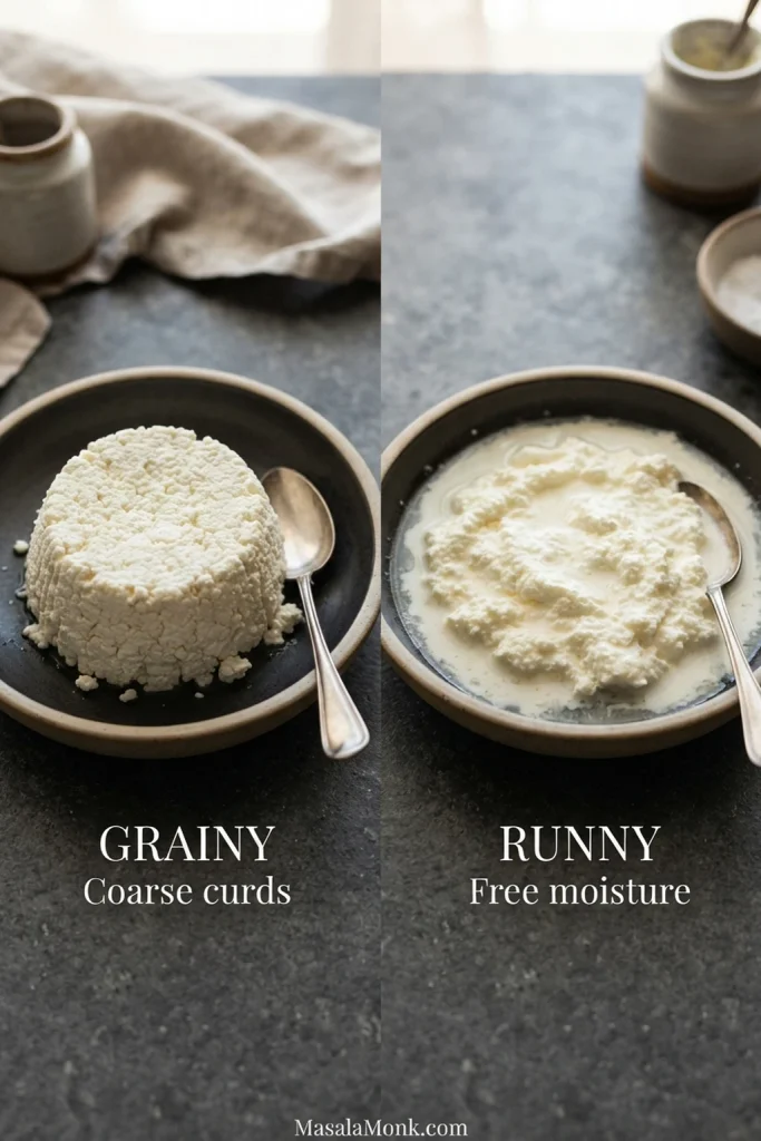 Side-by-side bowls labeled grainy and runny; the grainy ricotta filling holds its shape with coarse curds while the runny filling spreads with visible moisture.