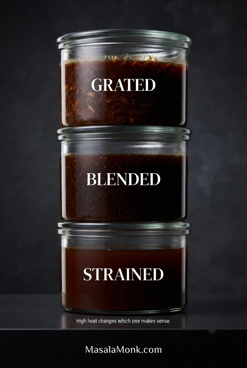 Three glass containers of bulgogi sauce showing grated, blended and strained textures with progressively fewer visible solids.