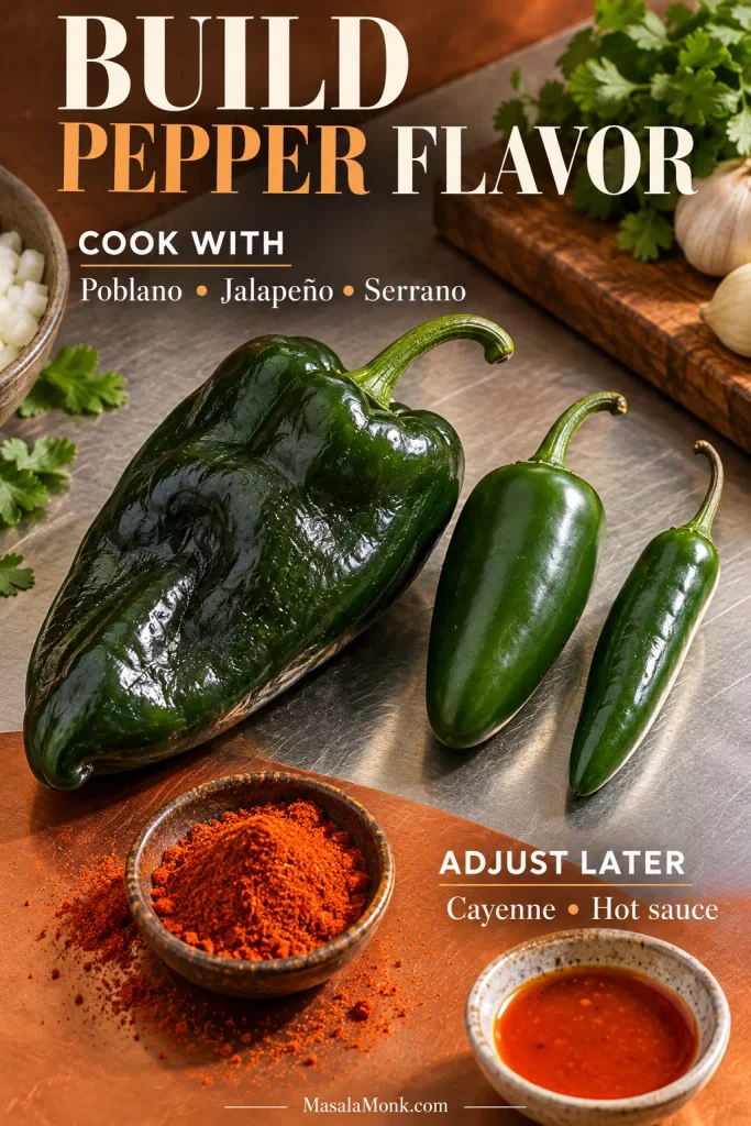 Poblano, jalapeño and serrano peppers grouped for cooking, with cayenne and hot sauce shown separately for adjusting heat later.