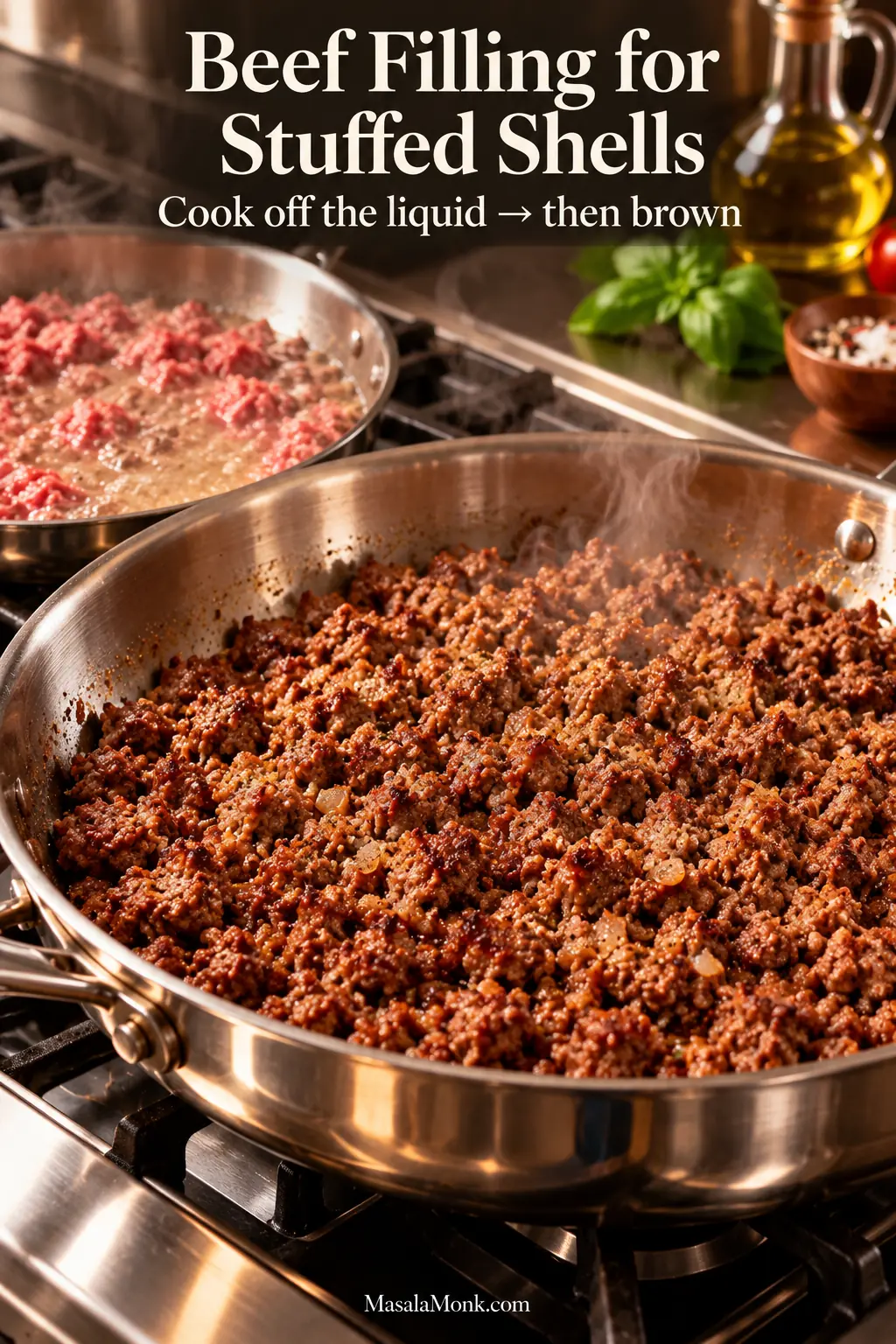 Two stages of ground beef in skillets, with wet simmering beef behind and well-browned crumbles in the foreground.