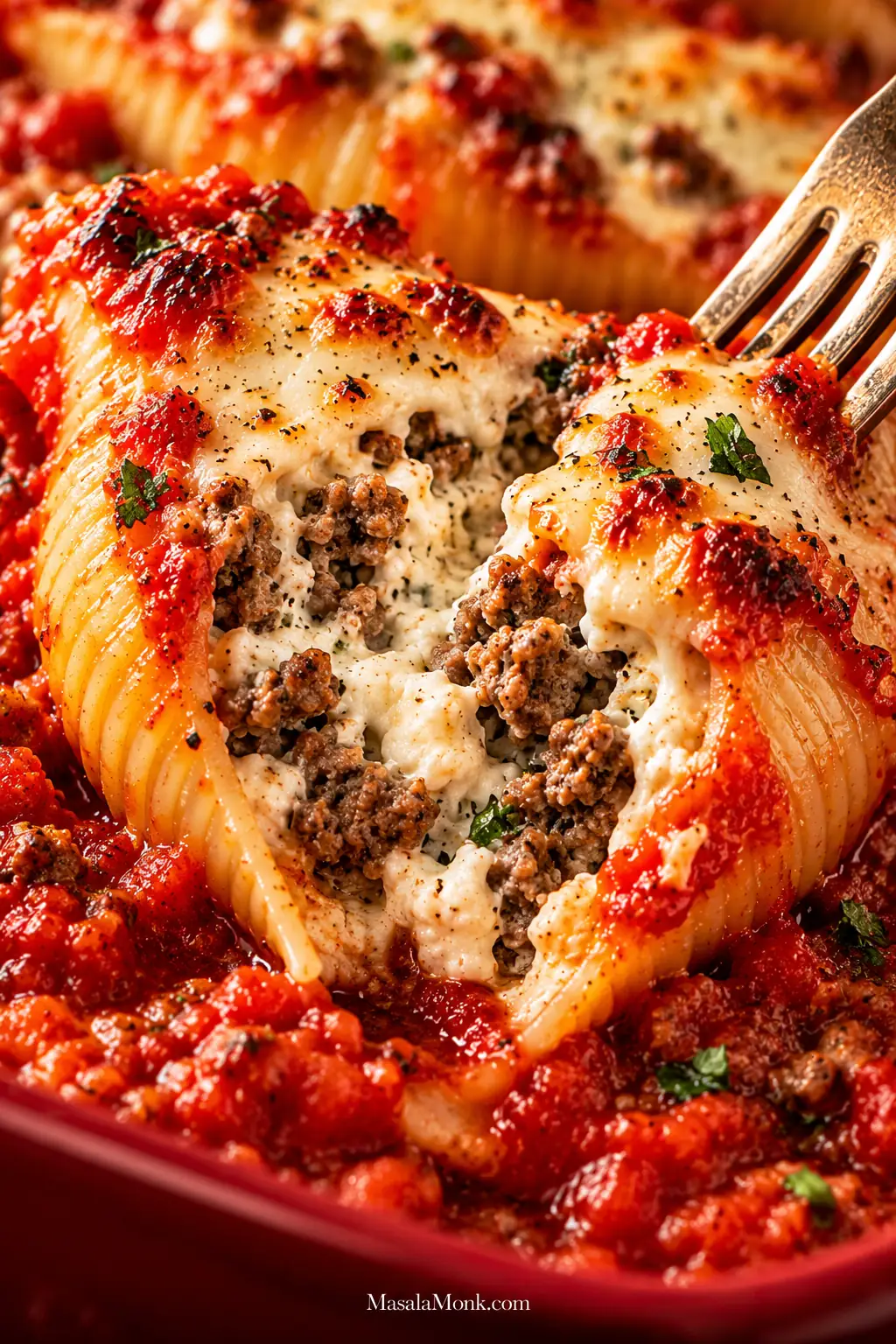 Close-up of a baked jumbo pasta shell opened with a fork, revealing creamy ricotta and browned ground beef beneath melted mozzarella and marinara.