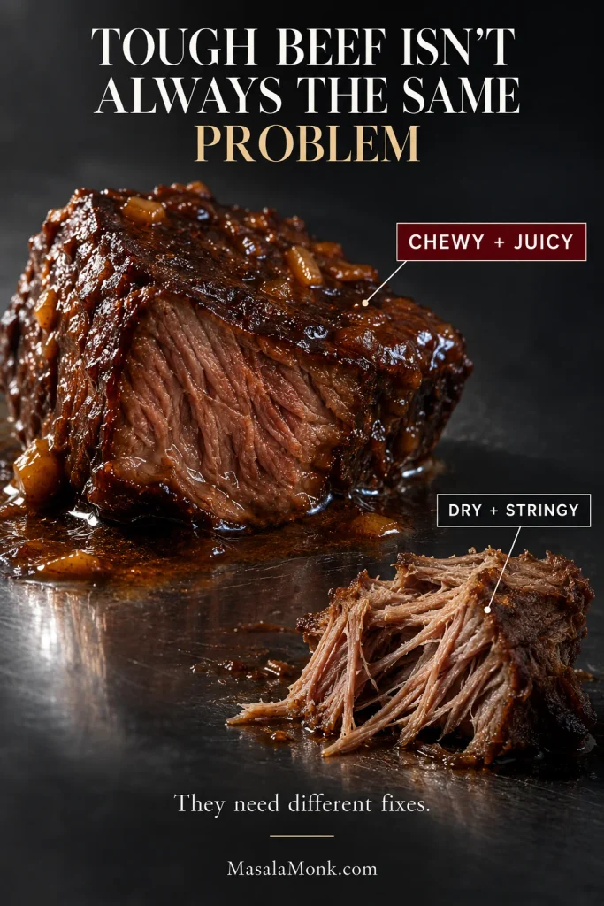 Moist compact braised beef labeled chewy and juicy beside a smaller dry stringy piece of cooked beef.