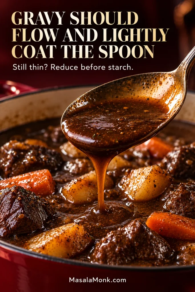 Spoon coated with dark Guinness gravy as the sauce flows back toward a pot of braised beef and vegetables.