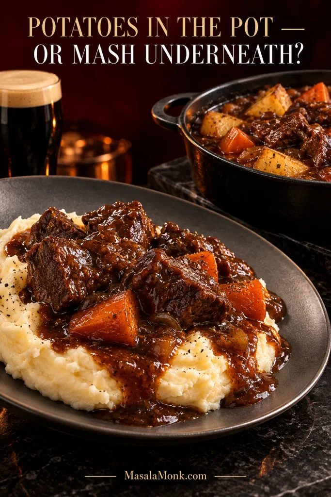 Guinness beef and gravy served over mashed potatoes with a smaller view of stew containing yellow potato chunks.