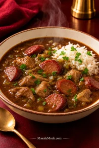 Bowl of dark chicken and andouille gumbo with tender chicken pieces, sliced smoked sausage, white rice, scallions and parsley.