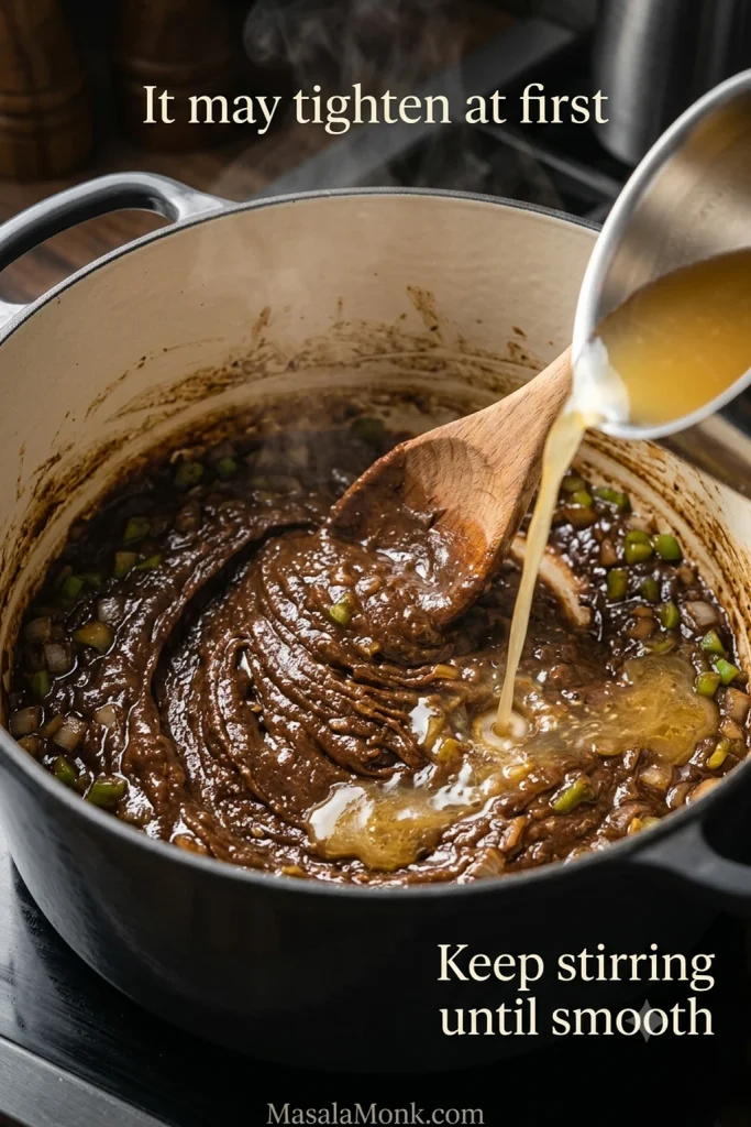 Chicken stock being poured into thick dark roux and softened vegetables while a wooden spoon stirs the mixture smooth.