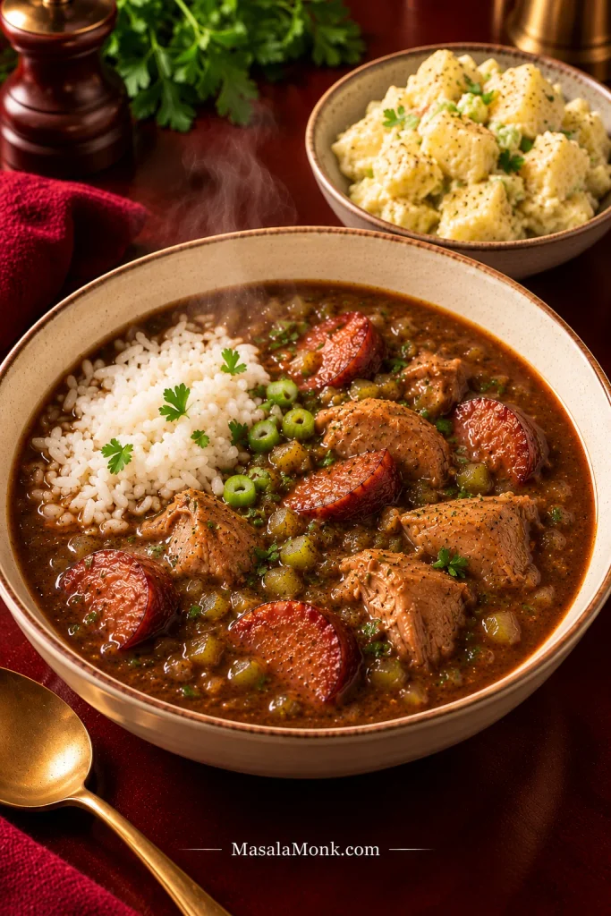 Bowl of chicken and andouille gumbo with white rice beside a separate bowl of creamy mustard-colored potato salad.