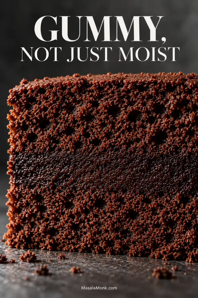 Close-up of bare chocolate cake showing open crumb around a darker dense horizontal band with compressed pores in the center.