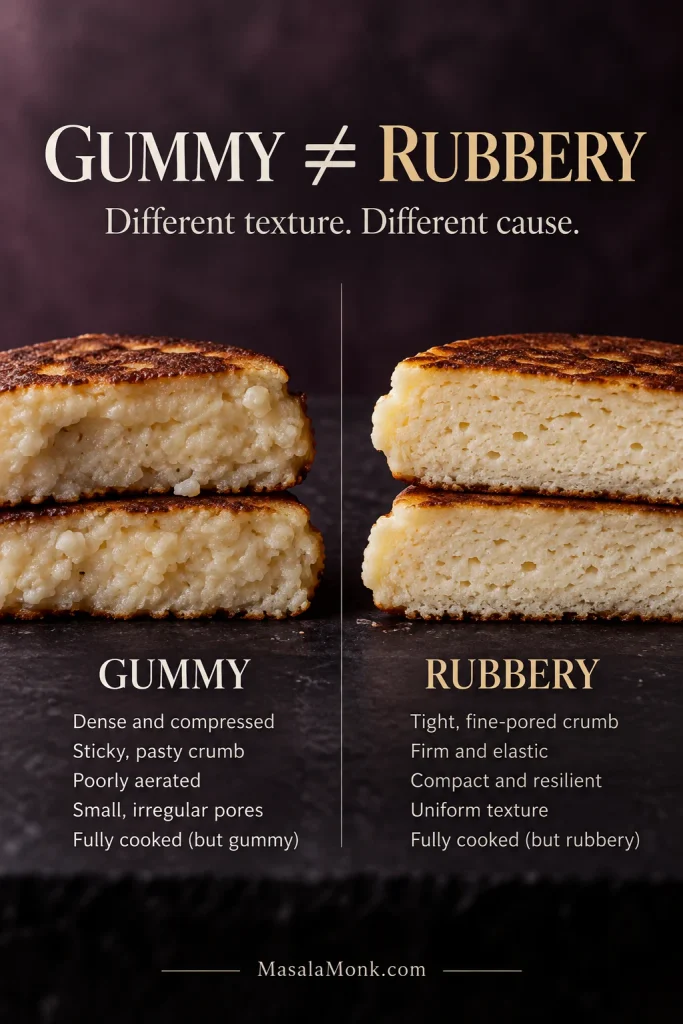 Side-by-side cooked pancake cross-sections comparing a dense sticky gummy crumb with a tighter fine-pored rubbery crumb.