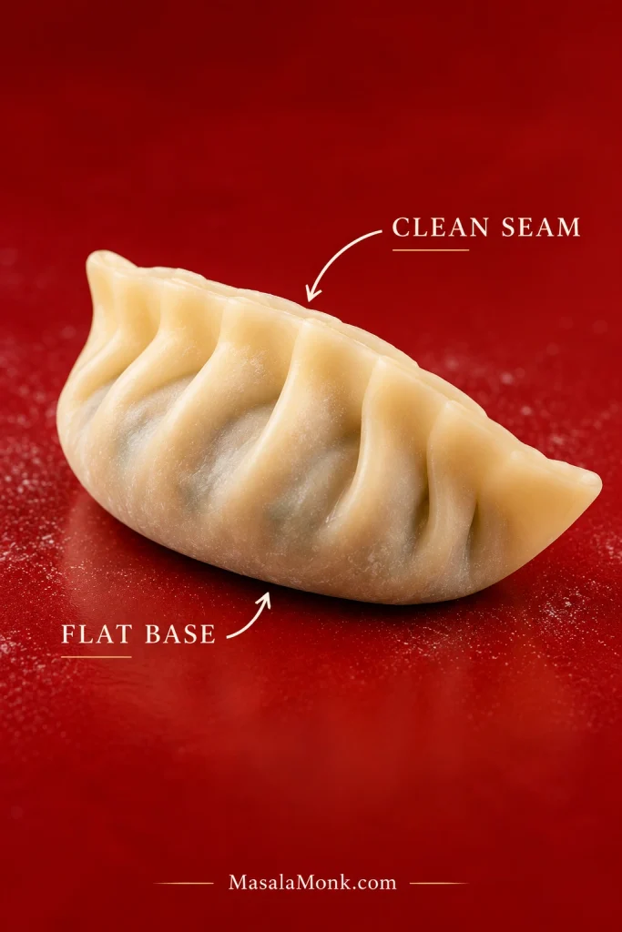 Close-up of a raw pleated gyoza with callouts identifying its sealed upper seam and broad flat base resting on the work surface.
