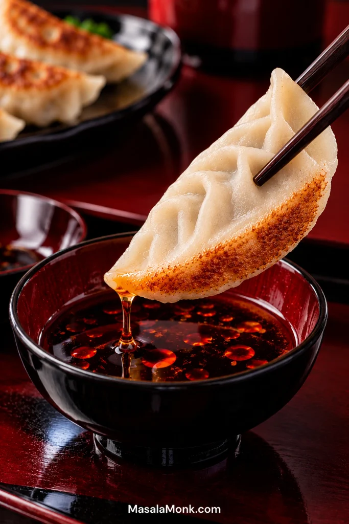 Pan-fried gyoza held in dark chopsticks over a black lacquer bowl of thin soy-vinegar sauce with red chili oil droplets and one falling drip.