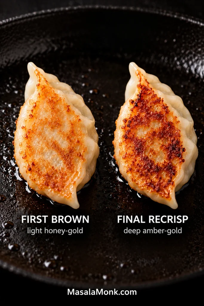 Two gyoza undersides compared side by side, showing a light honey-gold first brown and a deeper amber-gold final recrisp.