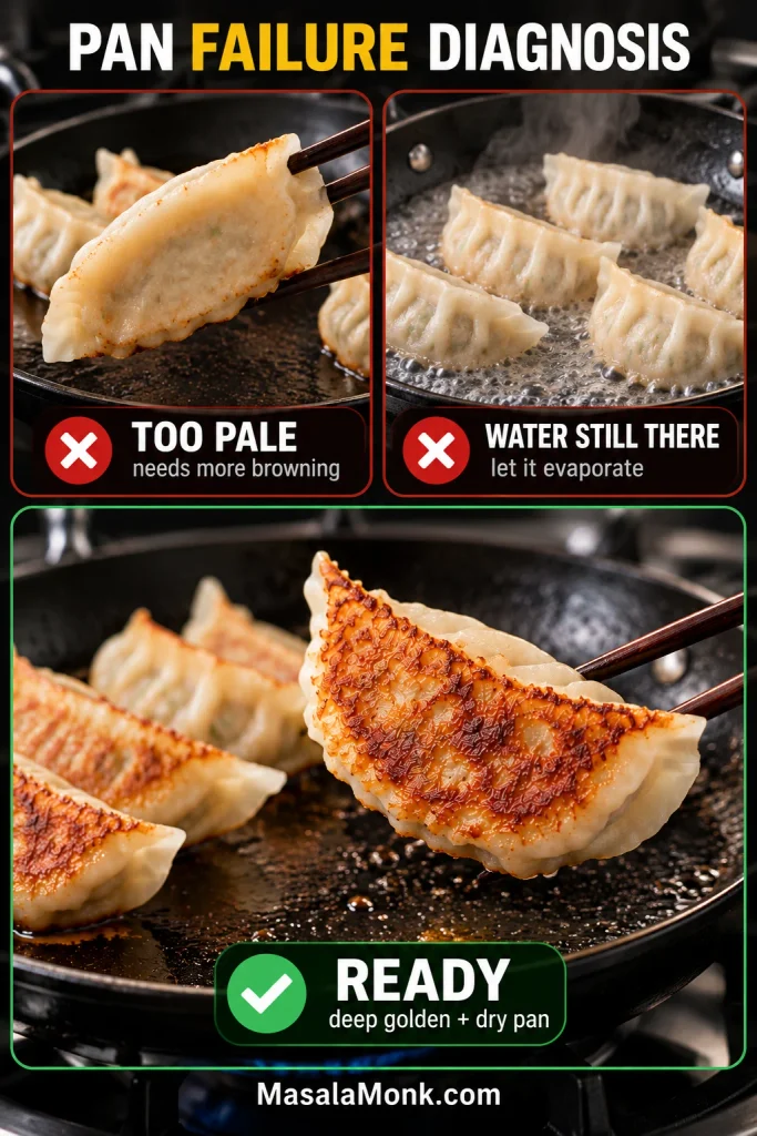 Troubleshooting graphic comparing a pale gyoza underside, dumplings with water remaining in the pan and a properly crisp deep-golden underside in a dry skillet.