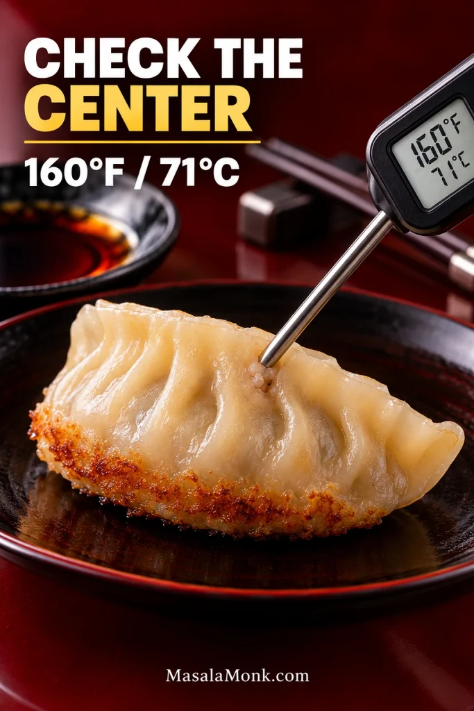 Instant-read thermometer inserted through the side of a cooked gyoza toward its center, showing 160°F or 71°C.