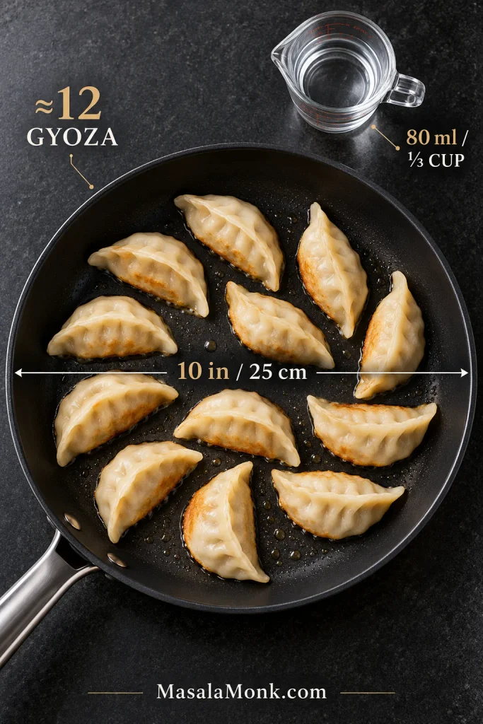 Top-down view of about twelve gyoza in a 10-inch nonstick skillet beside a measuring cup containing 80 ml or one-third cup water.