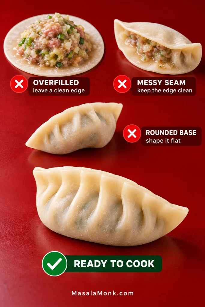 Gyoza troubleshooting graphic showing an overfilled wrapper, a messy filling-covered seam, a rounded unstable base and a correctly shaped pleated dumpling.