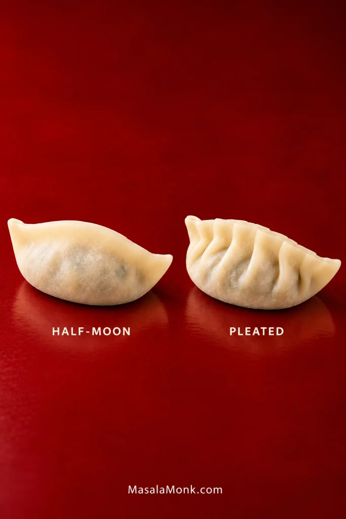 Two raw gyoza at the same scale, one with a plain half-moon seam and one with restrained front pleats, both resting on broad bases.