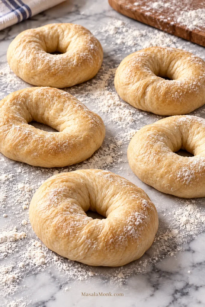 Several hand-shaped unbaked bagel rings with slightly different shapes, thicknesses and center openings arranged on a work surface.