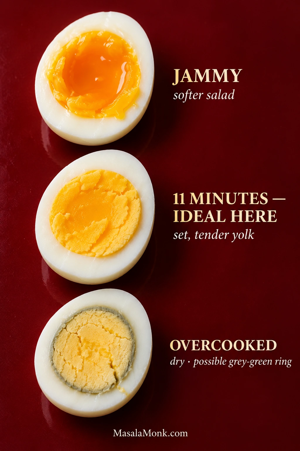 Three halved boiled eggs showing jammy yolk, an 11-minute fully set tender yolk, and an overcooked dry yolk with a gray-green ring.