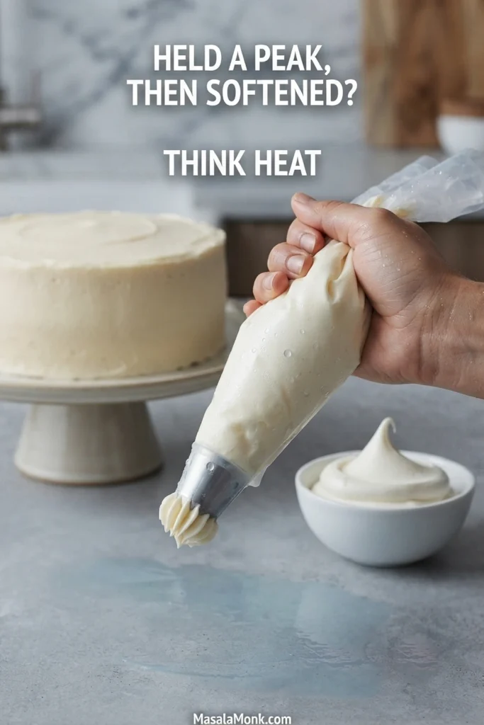Hand holding a piping bag of whipped cream cheese frosting beside a frosted cake as the frosting begins to soften during decorating.