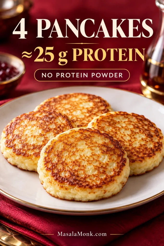 Four golden cottage cheese pancakes plated as one serving with text stating about 25 grams of protein and no protein powder.