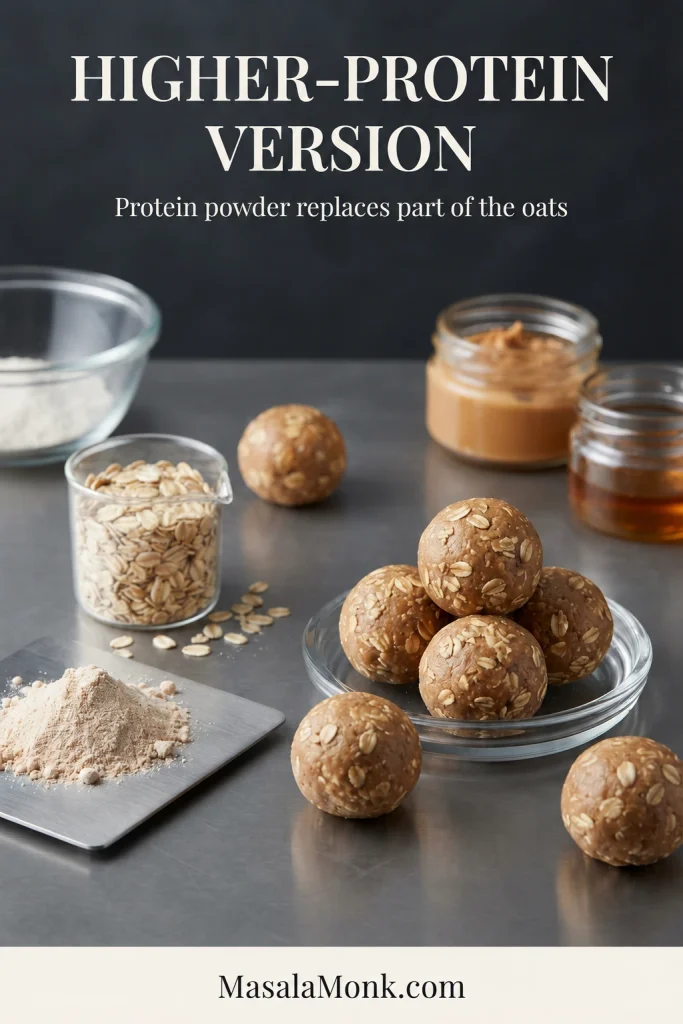 Higher-protein oatmeal peanut butter balls beside rolled oats, protein powder, peanut butter and honey, with text explaining that protein powder replaces part of the oats.
