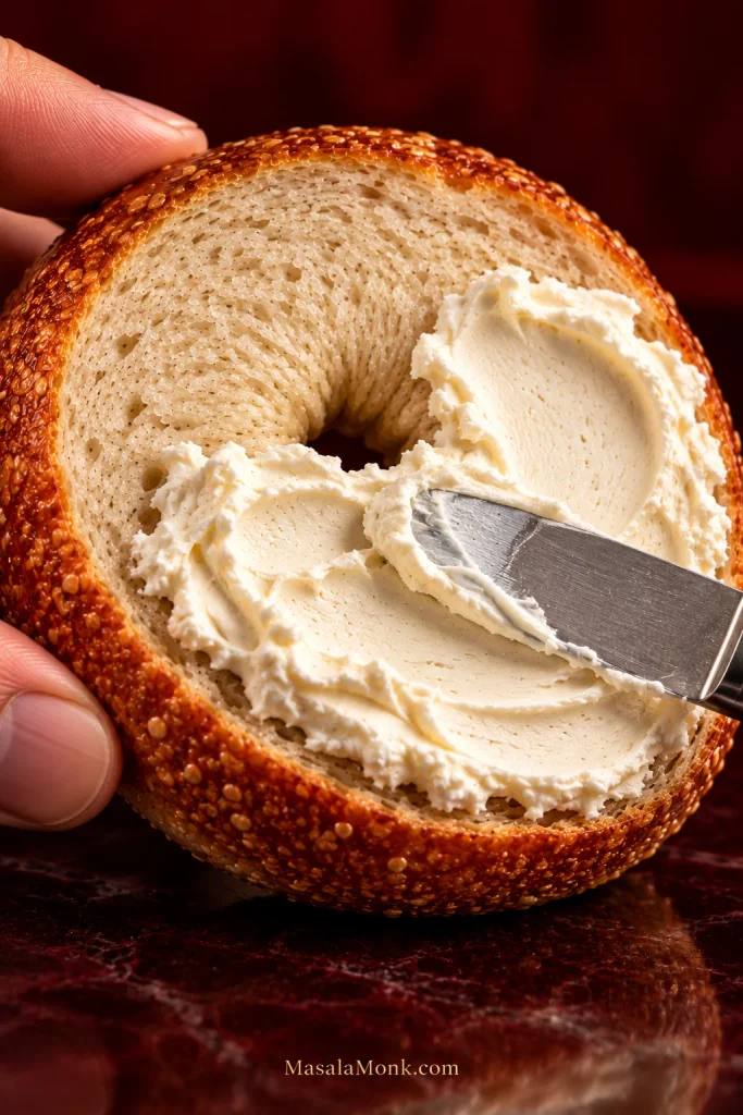 Close-up of a split sesame bagel with compact crumb held by fingertips while a metal knife spreads a thick layer of cream cheese across the cut surface.