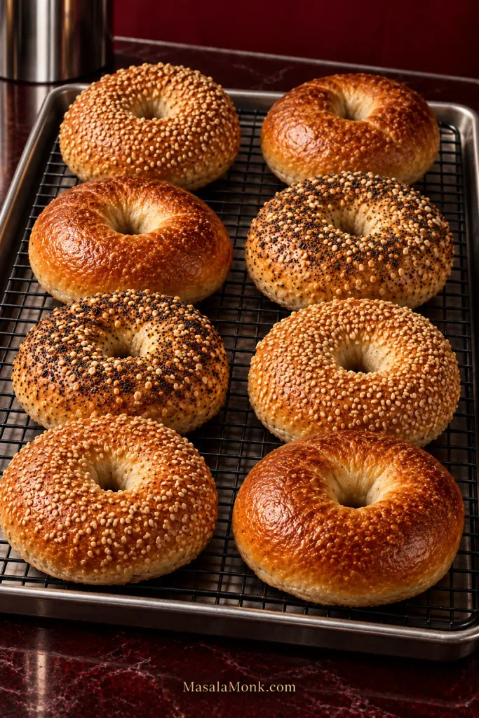 Eight freshly baked homemade bagels, including plain, sesame and everything-topped varieties, cooling on a black wire rack over a metal tray.