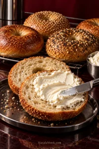 Split sesame bagel with compact crumb being spread with cream cheese, surrounded by deeply browned homemade bagels on a dark red surface.