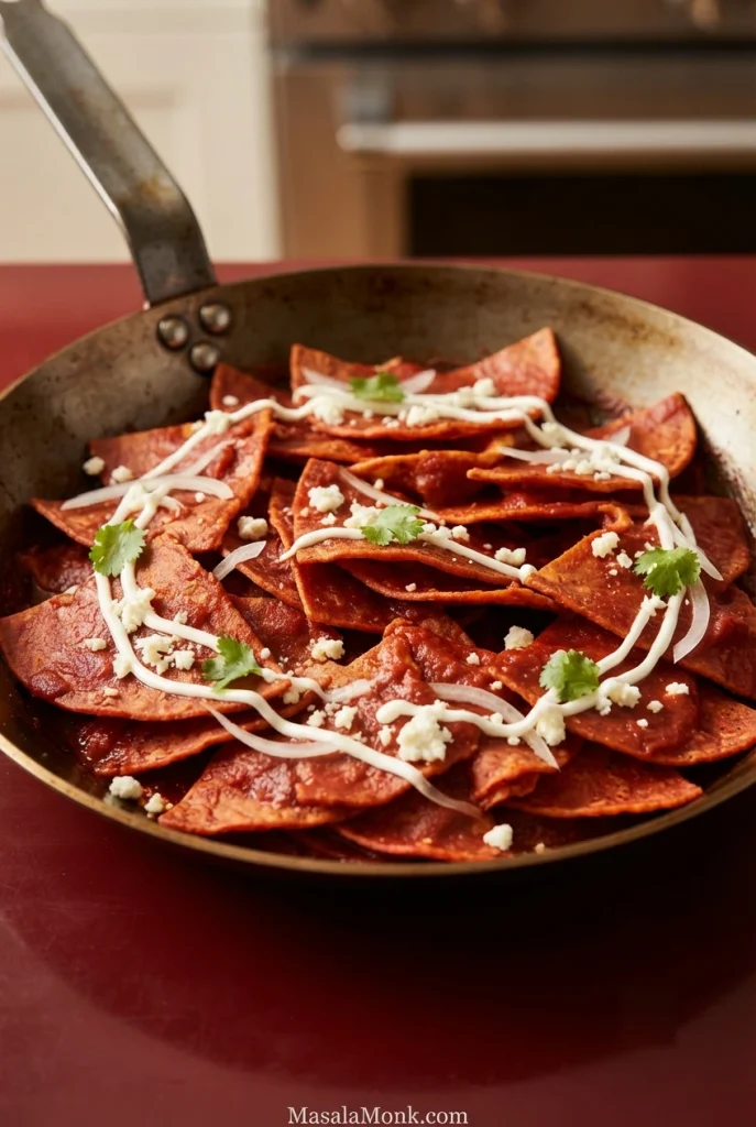 Finished chilaquiles rojos in a wide skillet with softened tortilla layers, crema, crumbled cheese, onion and cilantro.
