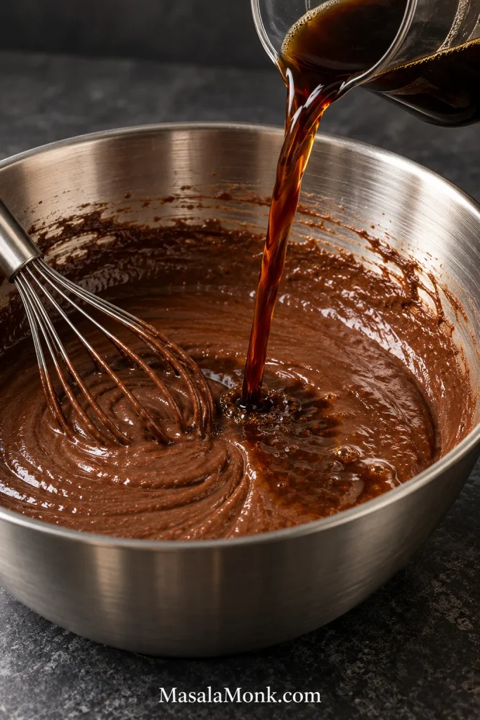 Hot coffee pouring into smooth chocolate cake batter in a stainless-steel mixing bowl.