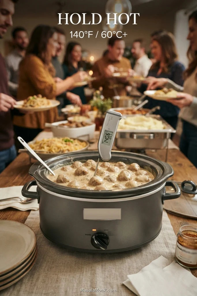 Crock Pot of creamy Swedish meatballs at a buffet with a probe thermometer reading about 140°F, serving plates and side dishes visible nearby.