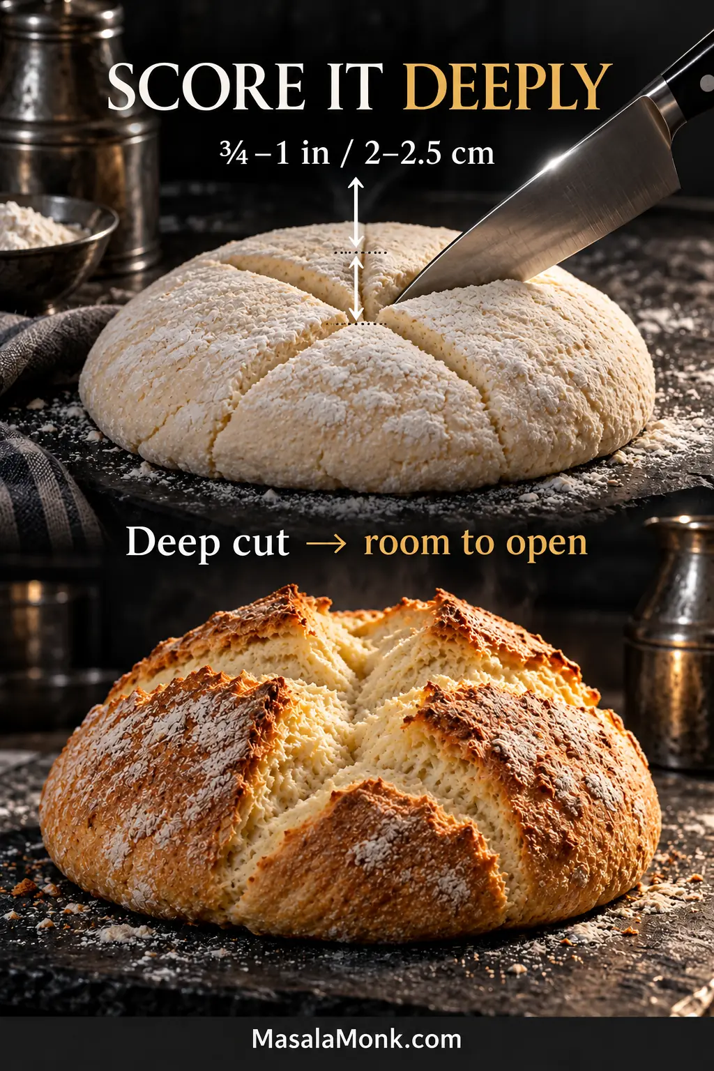 Raw soda bread being cut with a deep X beside the baked loaf opened along the score, with a ¾–1 inch depth guide.