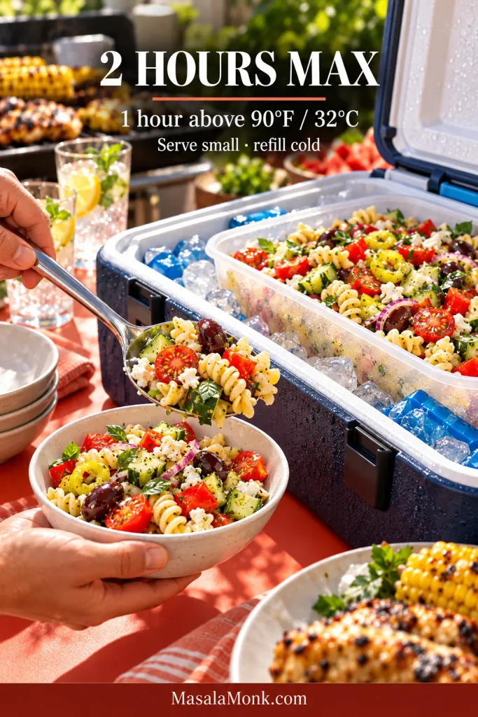 A hand refilling a small bowl of pasta salad from a larger container kept on ice inside an open cooler at an outdoor cookout. Text states “2 Hours Max,” “1 hour above 90°F / 32°C” and “Serve small · refill cold.”