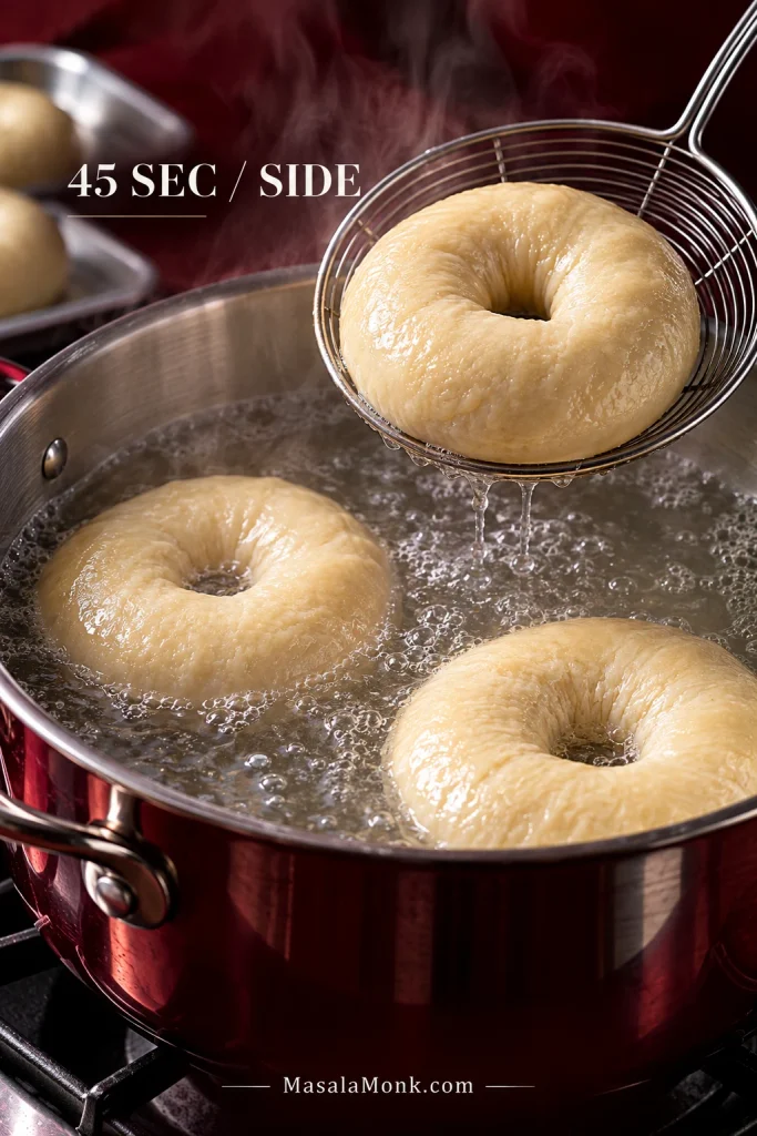 Pale bagel rings gently boiling in a stainless-steel pot while one is lifted with a wire skimmer and steam rises above the water.