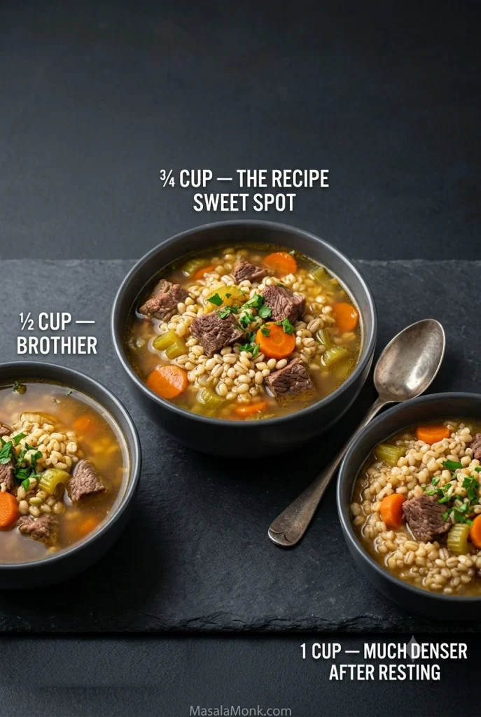 Three bowls compare beef barley soup made with one-half cup, three-quarters cup and one cup of dry pearl barley, with three-quarters cup marked as the preferred balance.