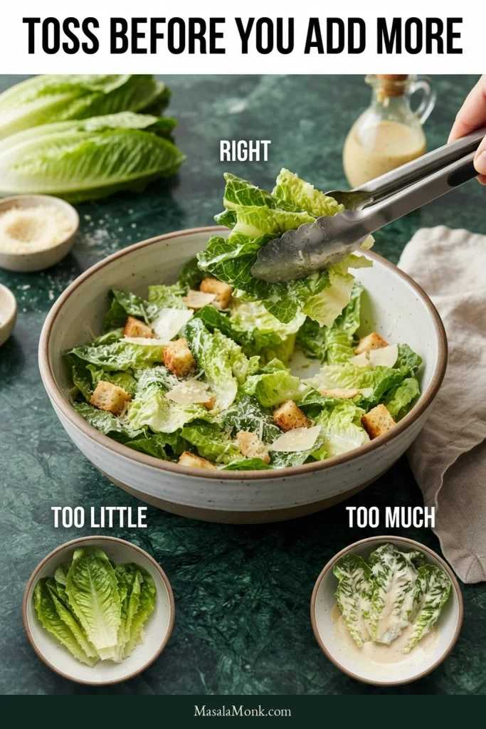 Three Caesar salad states showing under-dressed romaine, properly coated lettuce being tossed with tongs, and an over-dressed salad.