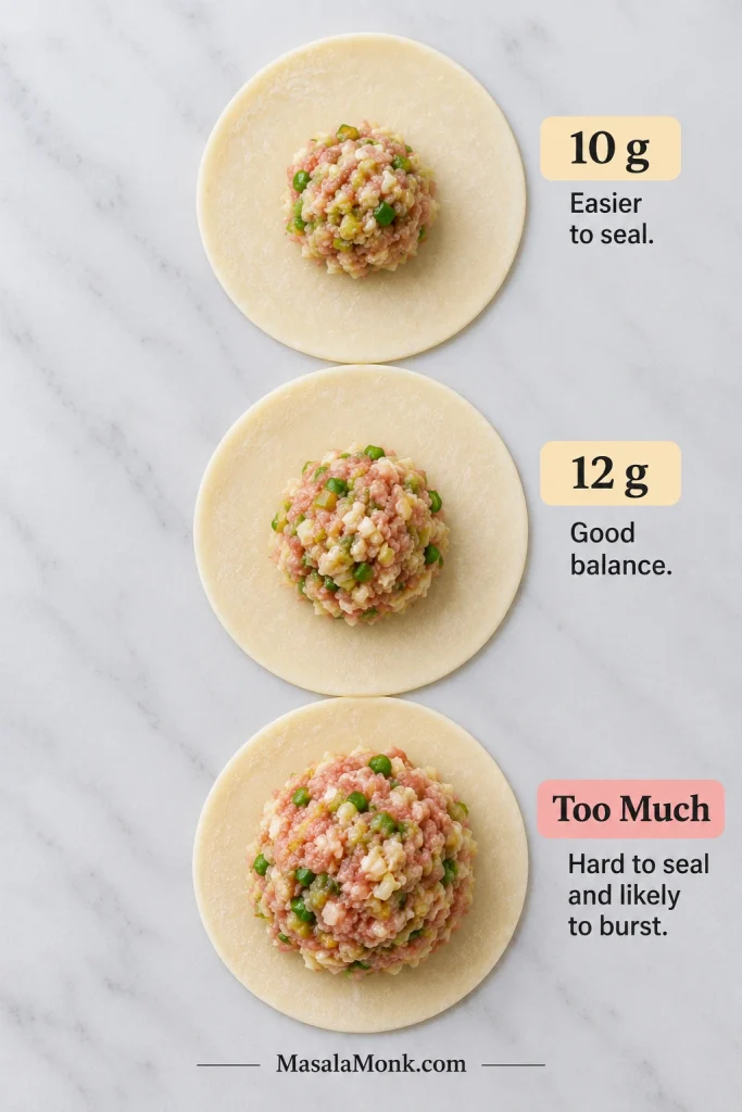 Three equal round gyoza wrappers with increasing amounts of pork filling labeled 10 g, 12 g and too much, showing progressively smaller sealing margins.