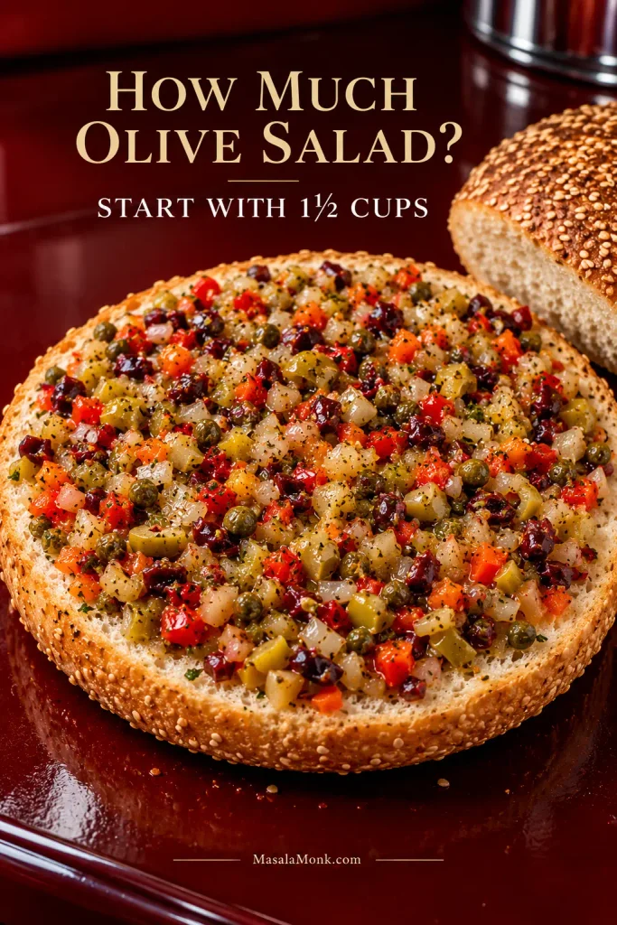 Open round sesame loaf covered with an even layer of finely chopped olive salad.