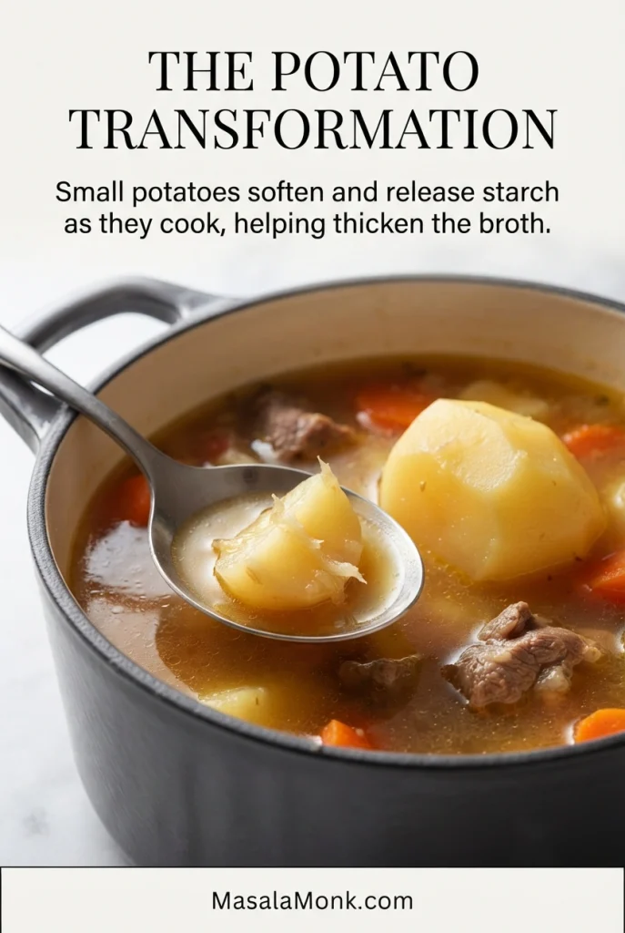 Spoon lifting a very soft potato piece beside a larger intact potato in Irish stew, showing how softened potatoes add body to the broth.