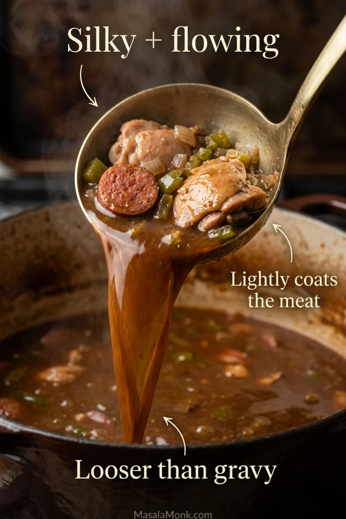 Ladle holding chicken, andouille and dark gumbo broth as the broth flows back into a Dutch oven.