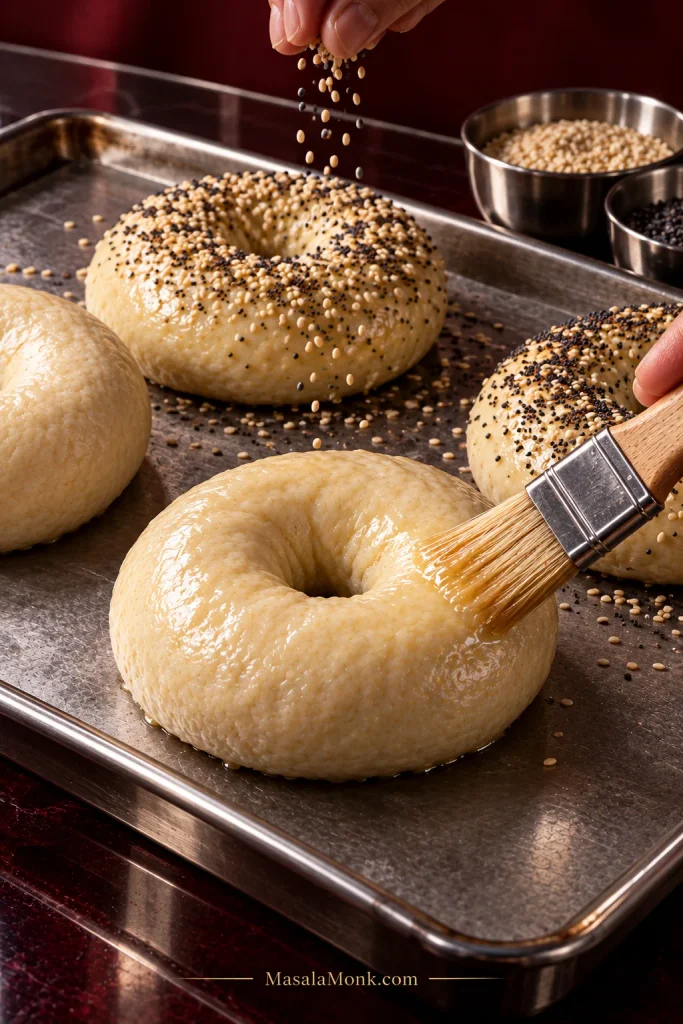 Pastry brush applying egg wash to a pale boiled bagel on a metal tray while a hand scatters sesame and poppy seeds over nearby bagels.