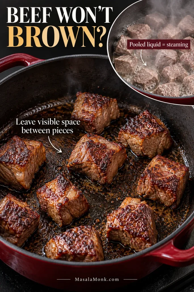 Beef chunks browning with space between them in a Dutch oven, with an inset showing crowded beef surrounded by pooled liquid.