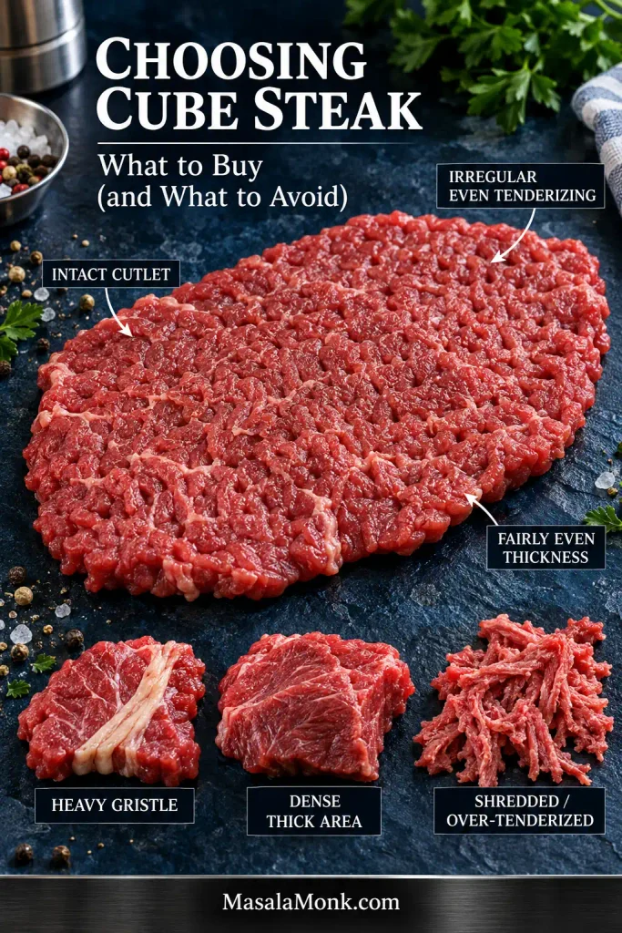 Raw beef cube steaks with broad thin shapes and irregular mechanical tenderizer marks across their surfaces.