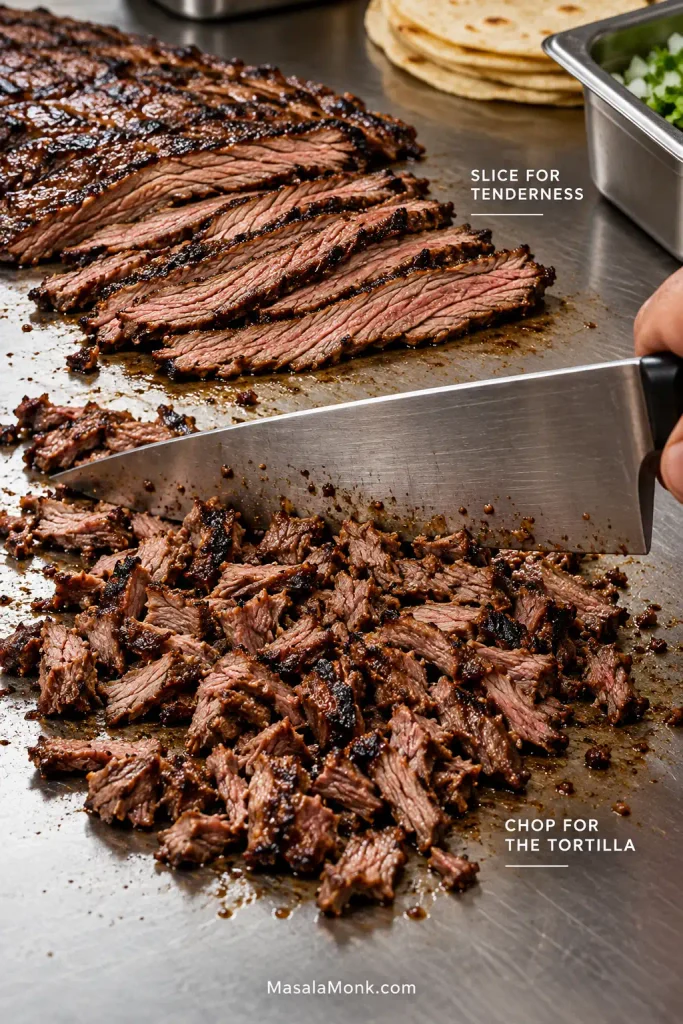 Cooked carne asada shown first in thin slices and then chopped into small irregular taco-size pieces beside a chef’s knife on stainless steel.