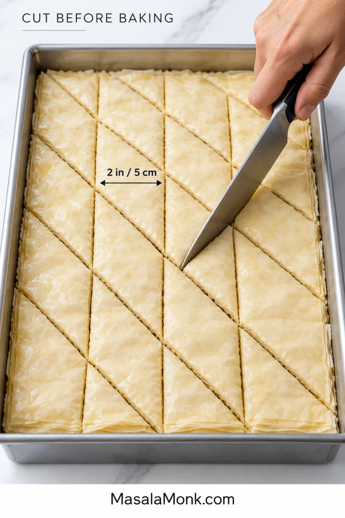 Unbaked baklava in a rectangular metal pan being cut into diamond shapes with a non-serrated knife, with about 2 inches or 5 centimeters marked between parallel cuts.