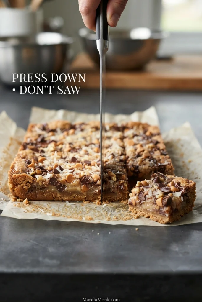 Hand pressing a long knife straight down through a cooled slab of Magic Cookie Bars on parchment. Text reads “Press down • don’t saw.”