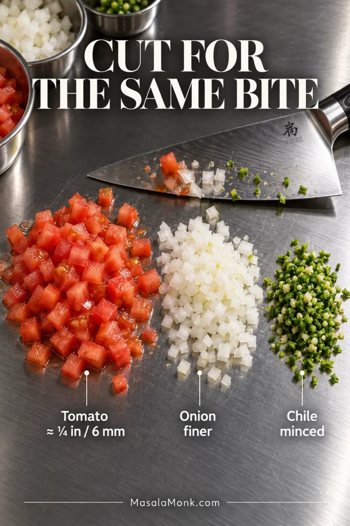Diced tomato, finer white onion and finely minced green chile beside a chef’s knife on a stainless surface.
